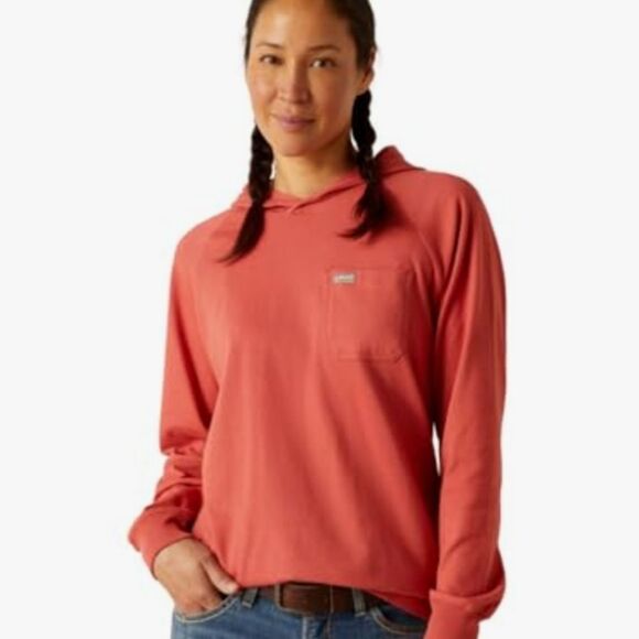 Ariat Rebar Cotton Strong Hooded T-Shirt- Mineral Red - Picture 1 of 8